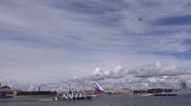 Parade of the warships on the river Neva at the General rehearsal for Navy Day in St Petersburg, Russia