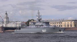 Parade of the warships on the river Neva at the General rehearsal for Navy Day in St Petersburg, Russia