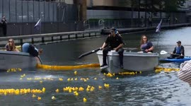 Yellow rubber ducks fill canal as annual charity race takes place in Paddington