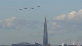 Fighters fly over city's centre at Navy Day, St Petersburg, Russia