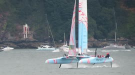 Sir Ben and gb crew racing into the lead and crossing the line with big cheers erupting along Plymouth hoe by jpcpapp@gmail.com