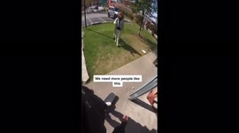 Woman randomly approaches young skater to give support