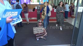 Protestors block entrance to Conservative Party hustings in Eastbourne, UK