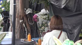 Buddhist devotees worship tree trunk with knotted growth shaped like a woman