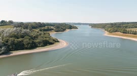 Drone footage of Bewl Reservoir in East Sussex showing the effect of the heatwave on water levels in the area