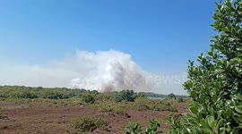 Massive heath fire near Studland, Dorset UK causing chaos for visitors to one of the UK's most beautiful beaches.