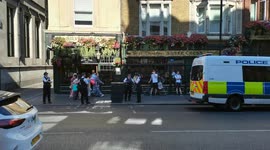 Police stop a topless man inappropriate walking along the street, London, UK