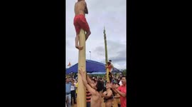 Vietnamese men engage in banana tree climbing competition