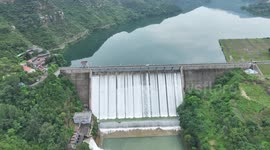 Arerial view of Renhe Reservoir overflow in Qingzhou, China