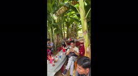 Customers dine in shade of banana trees at this Vietnamese restaurant