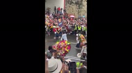 Silleteros parade in Medellin, Colombia during the Festival of Flowers