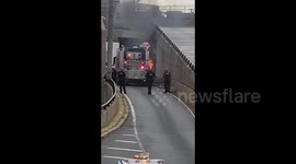 Fire at George Washington Bridge north bound, Fort Lee, NJ, USA