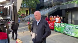 RMT union leader Mick Lynch joins UK rail strike picket at Euston station in London