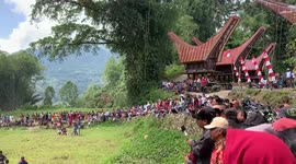 Indonesian men gather for traditional Sisemba mass kick fighting during harvest celebration in North Toraja in South Sulawesi