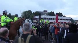 One Detained In Scuffle As Policeline Moves Forward To Contain The Glazers Out Protest Outside Old Trafford Ahead Of Today's Fixture With Liverpool