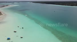 Spectacular 360 aerial view of the lagoon of the 7 colors in Bacalar, Mexico.