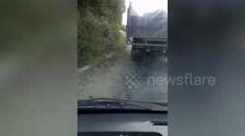 Tourist flees from car after encountering wild elephant on road in Myanmar