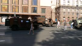 Proud Ukrainians poses and clicks infront of destroyed Russian tanks on their independence day in Kyiv
