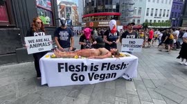 Animals feast on human in London’s Leicester Square in a Peta protest calling people to go vegan