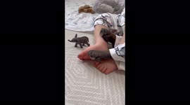 8 month old is cuddling with French Bulldog in matching elephant pijamas, very adorable