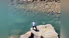 Elderly man expertly harpoons fish several metres away from him