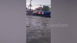 Continuous heavy rains trigger flash flood in market in Thailand