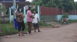 Thai people from a small rural village give alms to Buddhist monks from a local temple.