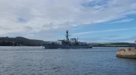 HMS Northumberland Royal Navy Frigate Type 23 frigate also known as Duke class Leaving Plymouth Naval Base Devonport, Plymouth this morning heading out on to the breakwater , carrying anti submarine torpedoes