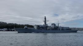 HMS Northumberland leaves Plymouth Naval Base in Devonport on the south coast of England