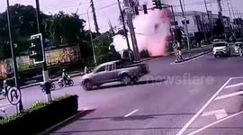 Electric transformer explodes in giant fireball at road intersection in Thailand