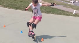 Skater girl FLAWLESSLY performs difficult freestyle slalom trick