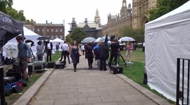Broadcast channels cover the news of Liz Truss becoming the new UK Prime Minister - College Green London