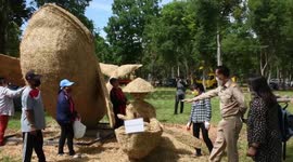 Giant animal sculptures displayed at school grounds for Thai Straw Puppet Festival