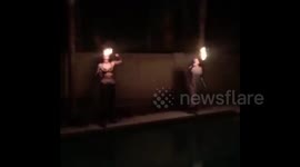 Fire blower sets her face on fire by mistake