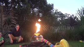 Mad scientist dad turbo's up sons toy... Sets tree on fire