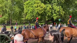The King’s Royal Artillery makes their way in Hyde Park for 96 gun salute for each year of the Queen’s life