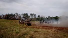 Russia shows off BM-21 'Grad' multiple launch rocket systems firing at Ukraine