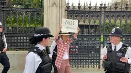 Police move anti-monarchy protester outside UK Parliament as King Charles III arrives