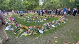 Sea of flowers and tributes reaches enormous sizes in Green Park of Queen’s coffin arrival at Buckingham Palace