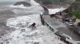 Drone footage shows huge waves crashing against coast due to Typhoon Muifa in China