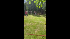 'No injuries, but lots of laughs!' Women hilariously fall during three-legged race