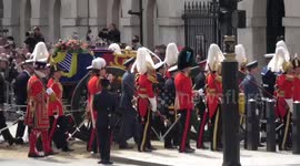Queen's coffin goes through Whitehall and turns into Horse Guards Parade