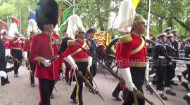 Coffin of Queen Elizabeth II passes through Horse Guards Road followed by royal family