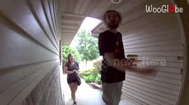 Man discovers newly-installed camera outside sister's house and funnily reacts to it