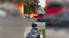 Video shows a bus and car on fire after crashing this morning in Surrey