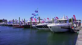 Boats docking at Progressive Norwalk Boat Show in Connecticut
