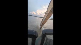 Worker uses excavator's bucket as paddle to move boat along river in Vietnam
