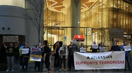Ukrainians and supporters protest at Atlassian office in Sydney, Australia