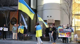 Ukrainians and supporters protest at Atlassian office in Sydney, Australia