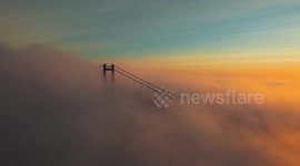 Amazing drone footage shows mist swathed over the Humber Bridge, UK